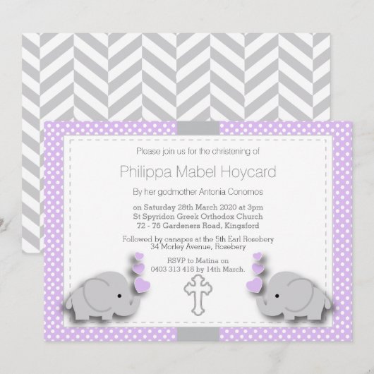Paarse en grijze olifant 🐘 Baby - Christening Kaart (Voorkant / Achterkant)