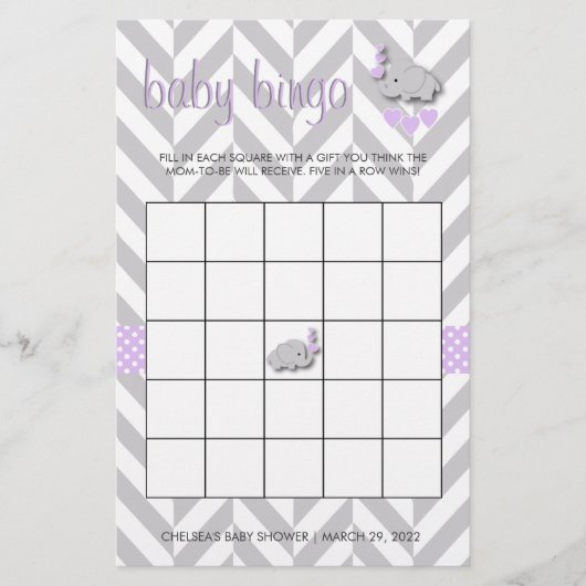 Paarse en grijze olifant Baby shower bingo Briefpapier (Voorkant)