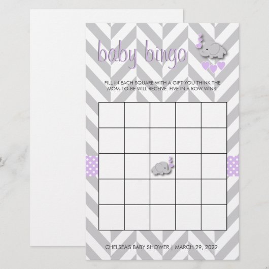 Paarse en grijze olifant Baby shower bingo Briefpapier (Voorkant / Achterkant)