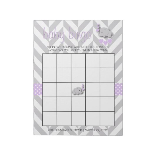 Paarse en grijze olifant Baby shower Bingo Game Notitieblok (Linkerzijde)