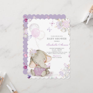 Paarse en grijze olifant baby shower decoraties kaart