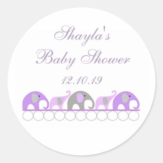 Paarse en Grijze Olifant Baby shower Favor Ronde Sticker (Voorkant)