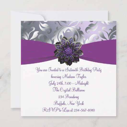 Paarse en grijze Sweet 16 verjaardagsfeestje Kaart (Achterkant)