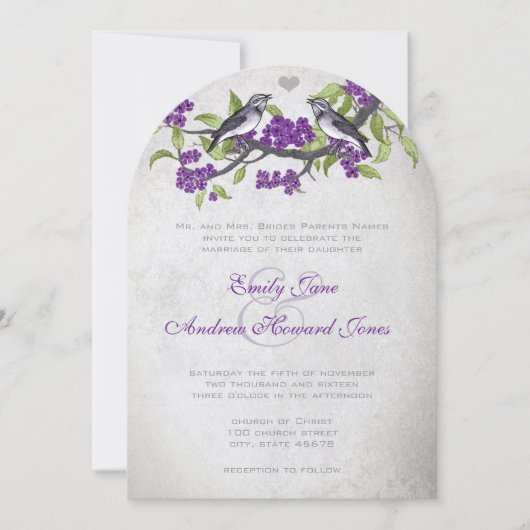 Paarse en grijze  Tortelduifjes bruiloft Kaart (Voorkant)