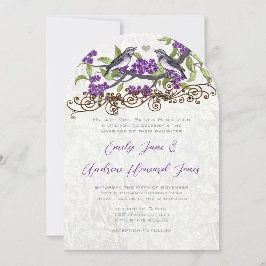 Paarse en grijze  Tortelduifjes bruiloft Kaart (Voorkant)