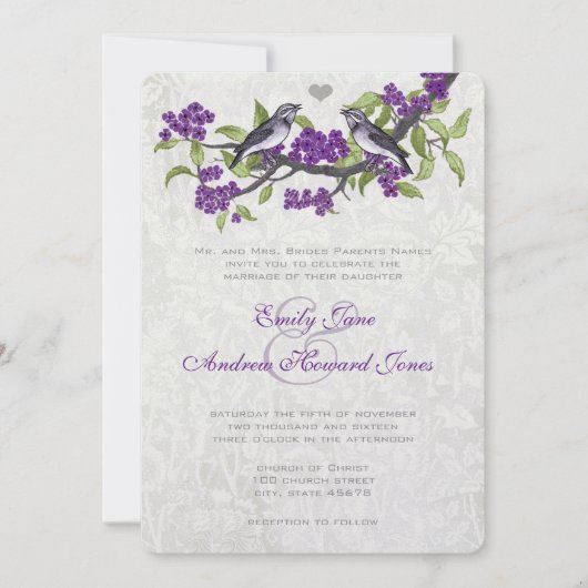 Paarse en grijze  Tortelduifjes bruiloft uitnodige Kaart (Voorkant)