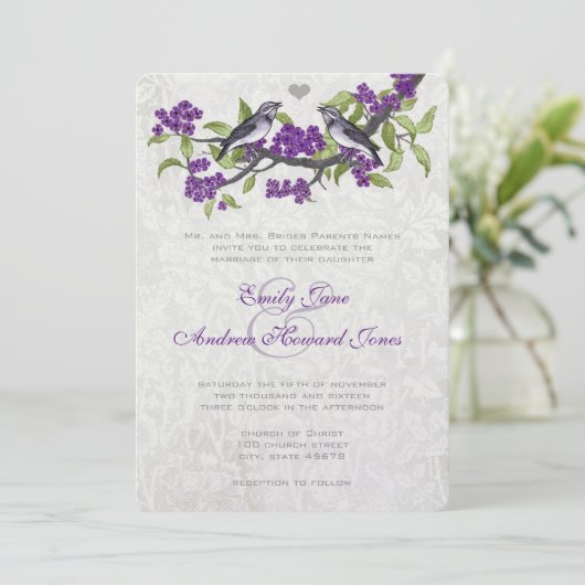 Paarse en grijze  Tortelduifjes bruiloft uitnodige Kaart (Staand voorkant)