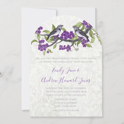 Paarse en grijze  Tortelduifjes bruiloft uitnodige Kaart (Voorkant)