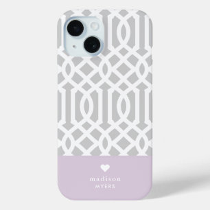 Paarse en grijze traliewerk hart monogram iPhone 15 case