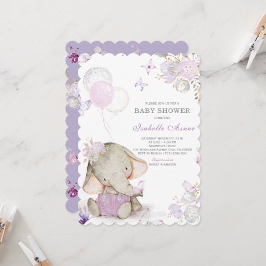 Paarse en grijze versieringen van Baby shower Kaart (Voorkant / Achterkant in situ)