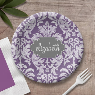 Paarse en grijze vintage damask patroon monogram papieren bordje
