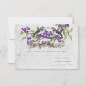 Paarse en grijze vogels Damask Wedding Invite Kaart (Voorkant)