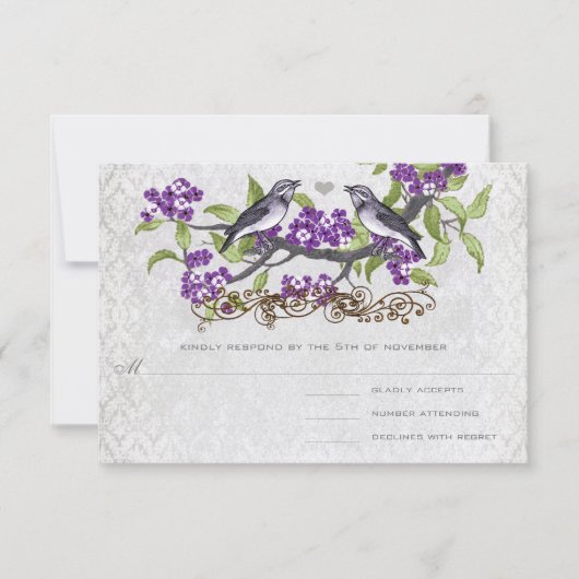 Paarse en grijze  vogels Damask Wedding Invite Kaart (Voorkant)