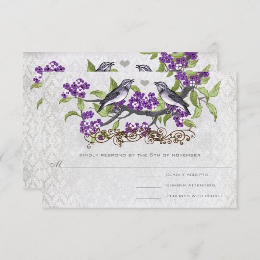 Paarse en grijze vogels Damask Wedding Invite Kaart (Voorkant / Achterkant)