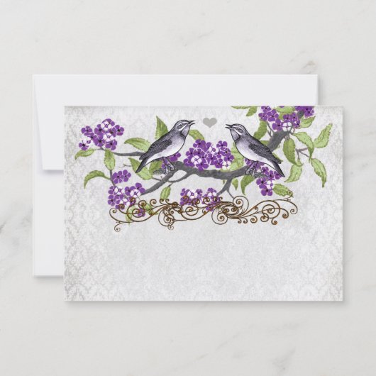Paarse en grijze vogels Damask Wedding Invite Kaart (Achterkant)