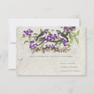 Paarse en grijze  vogels Damask Wedding Invite Kaart