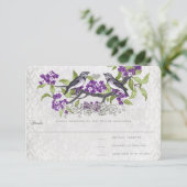 Paarse en grijze  vogels Damask Wedding RSVP Kaartje (Staand voorkant)