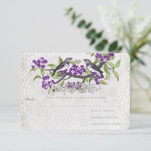 Paarse en grijze  vogels Damask Wedding RSVP Kaartje (Staand voorkant)