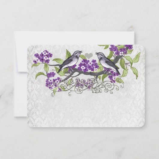 Paarse en grijze  vogels Damask Wedding RSVP Kaartje (Achterkant)