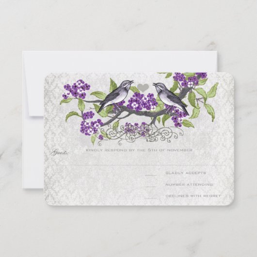 Paarse en grijze  vogels Damask Wedding RSVP Kaartje (Voorkant)
