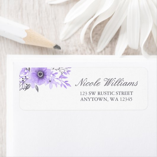 Paarse en Grijze Waterverf Bloemen Adreslabel Etiket (Insitu)