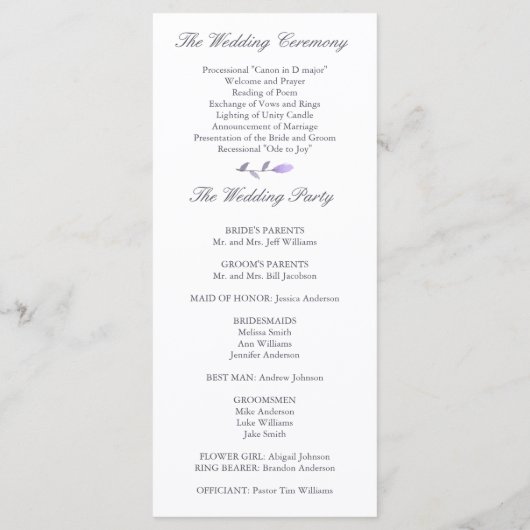 Paarse en Grijze Waterverf Bloemen Huwelijk Progra Programmakaart (Achterkant)