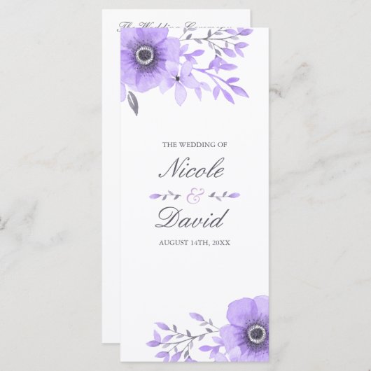 Paarse en Grijze Waterverf Bloemen Huwelijk Progra Programmakaart (Voorkant / Achterkant)
