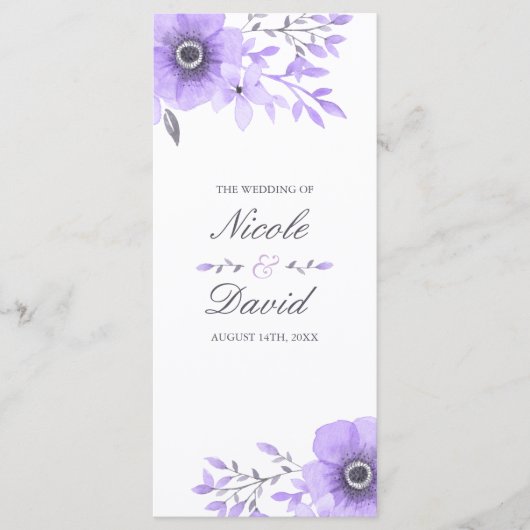 Paarse en Grijze Waterverf Bloemen Huwelijk Progra Programmakaart (Voorkant)
