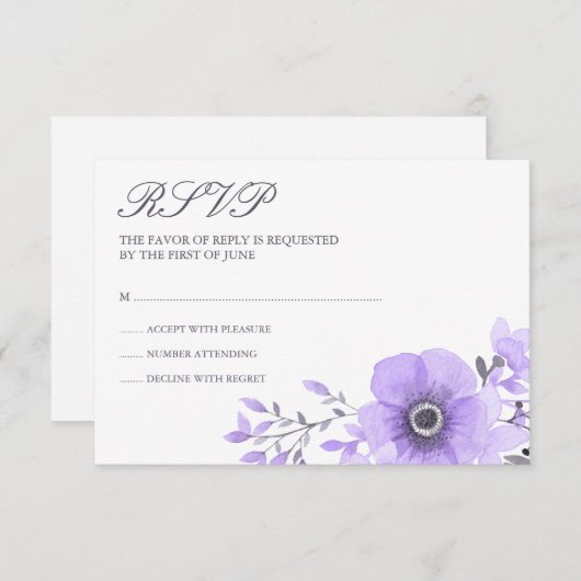 Paarse en Grijze Waterverf Bloemenbruiloft RSVP (Voorkant / Achterkant)