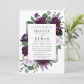 Paarse en Grijze Zilveren Waterverf Verlovingsfees Kaart (Staand voorkant)