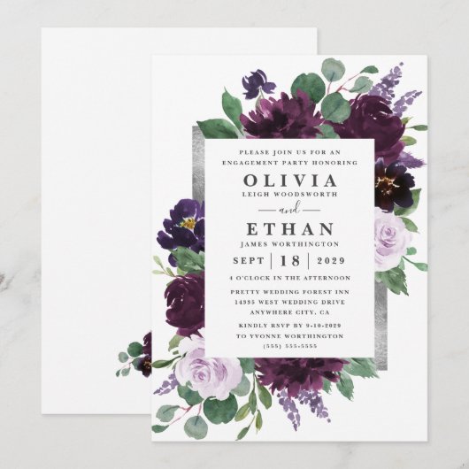 Paarse en Grijze Zilveren Waterverf Verlovingsfees Kaart (Voorkant / Achterkant)