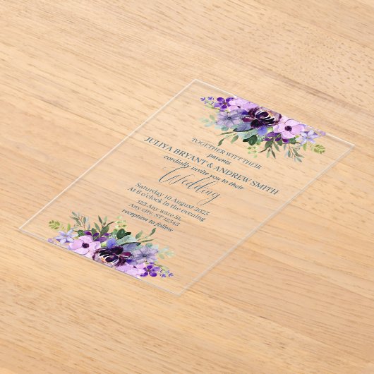 Paarse en groene aquarel Floral bruiloft Acryl Uitnodigingen (Laagn)