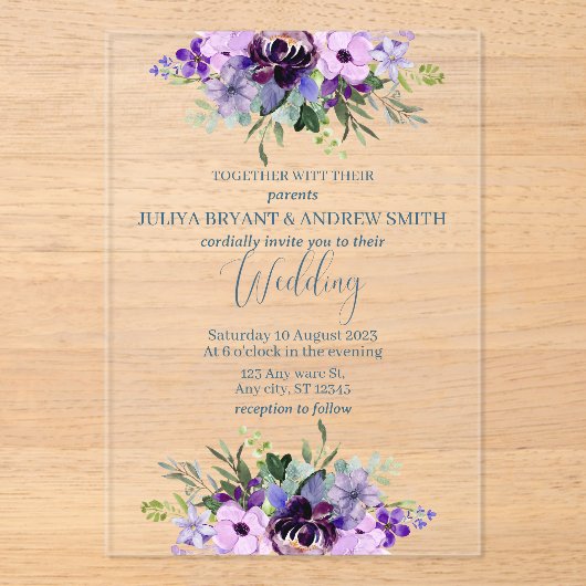 Paarse en groene aquarel Floral bruiloft Acryl Uitnodigingen (Voorkant)