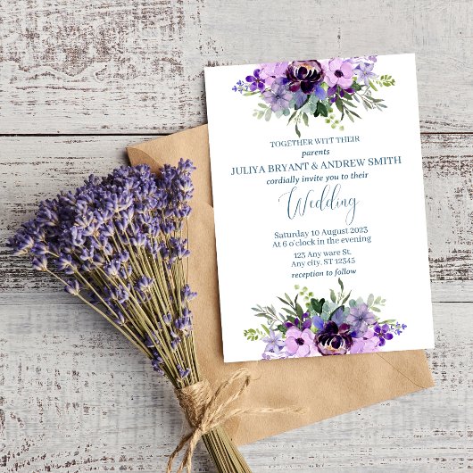 Paarse en groene aquarel Floral bruiloft Kaart