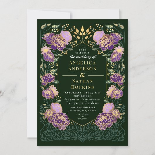 Paarse en groene betoverde bloementuin bruiloft kaart (Voorkant)