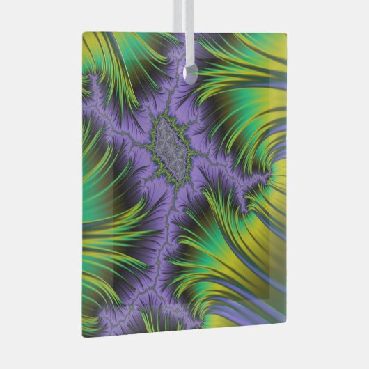 Paarse en groene bladzijdige fractaallandschapskun glas ornament (Voorkant Rechts)