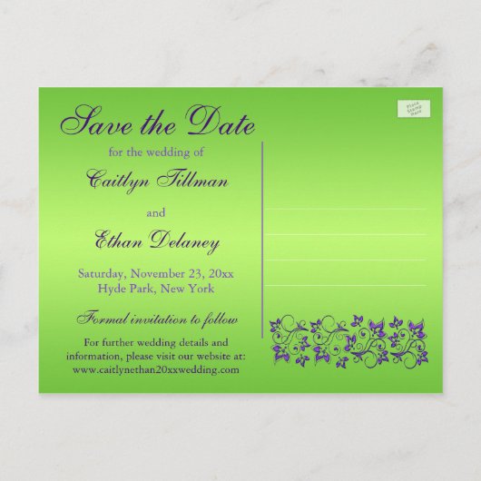 Paarse en Groene Bloemen Save the Date Briefkaart (Achterkant)