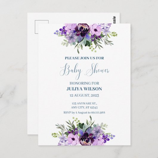 Paarse en groene bloemenbaby shower Briefkaart (Voorkant / Achterkant)
