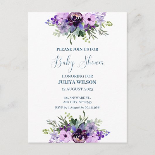 Paarse en groene bloemenbaby shower Briefkaart (Voorkant)