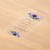 Paarse en groene bloemenbruiloft acryl uitnodigingen (Laagn)