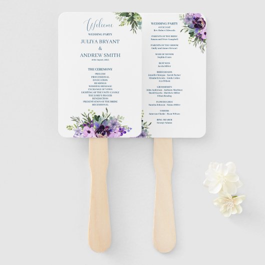 paarse en groene bloemenbruiloft programma Hand Fa Handwaaier (Voorkant en achterkant)