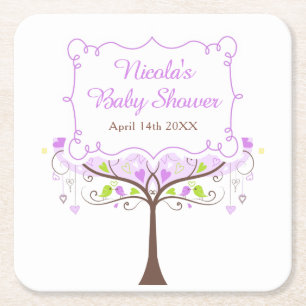 Paarse en groene bloemenvogel baby shower kartonnen onderzetters