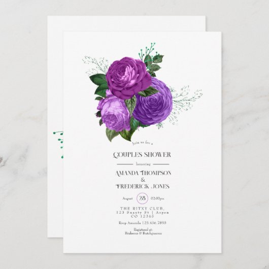 Paarse en groene bloemige uitnodiging voor koppel  (Voorkant / Achterkant)