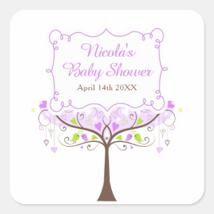 Paarse en groene bloemrijke vogel baby shower vierkante sticker
