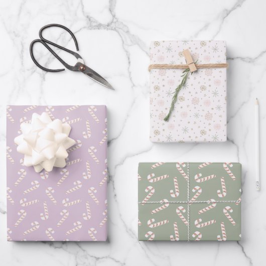 Paarse en Groene Candy Canes Sneeuwvlokken Kerstmi Inpakpapier Vel (Voorkant)