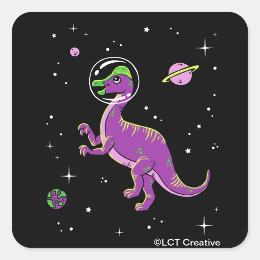 Paarse en groene Corythosaurus Dinos in de ruimte Vierkante Sticker (Voorkant)