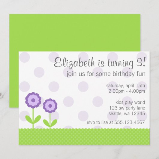 Paarse en groene Daisy Polka Dots Birthday Party Kaart (Voorkant / Achterkant)