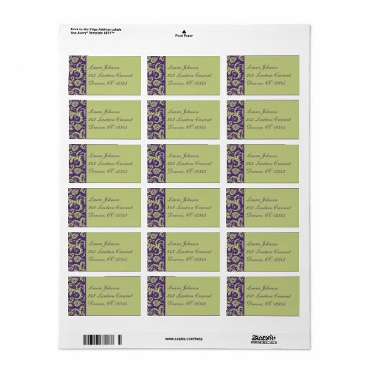 Paarse en groene Damask Return Address Label (Full Sheet)