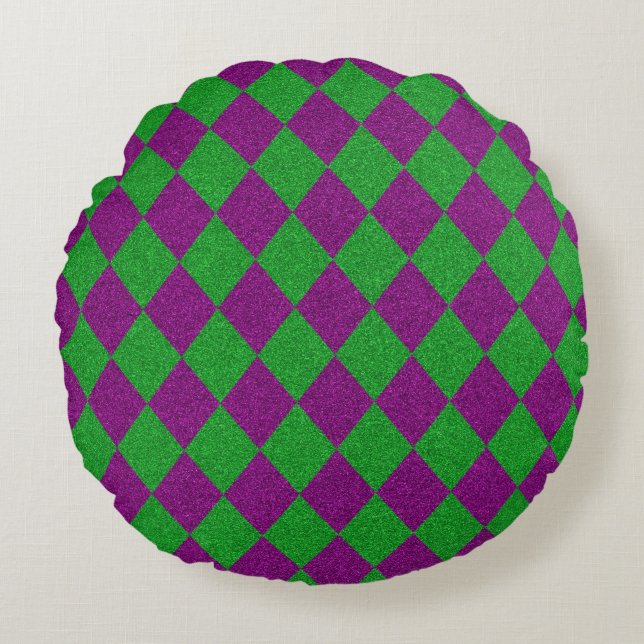 Paarse en groene diamantglitter rond kussen (Voorkant)