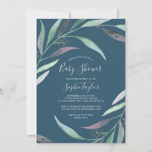 Paarse en groene Eucalyptus | Blauw Baby shower Kaart (Voorkant)